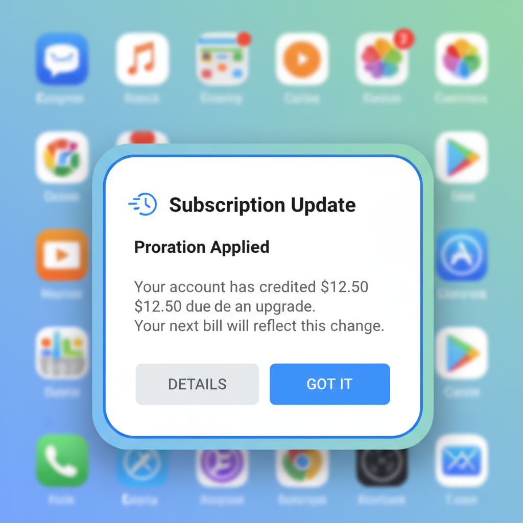 user mobile app notification for subscription proration update, web3 success alert, vibrant UI