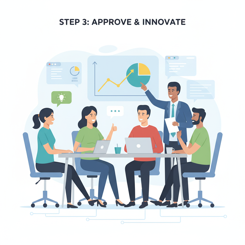 professional review meeting with charts and data screens, thumbs up approval, dynamic team collaboration, tech office vibe