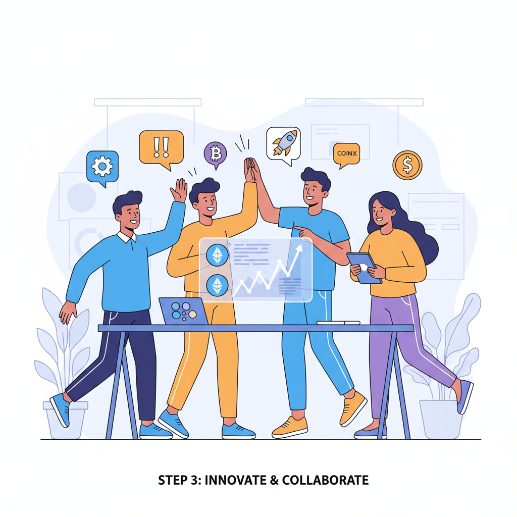 team brainstorming session with code and market charts, high-fives, energetic crypto dev environment