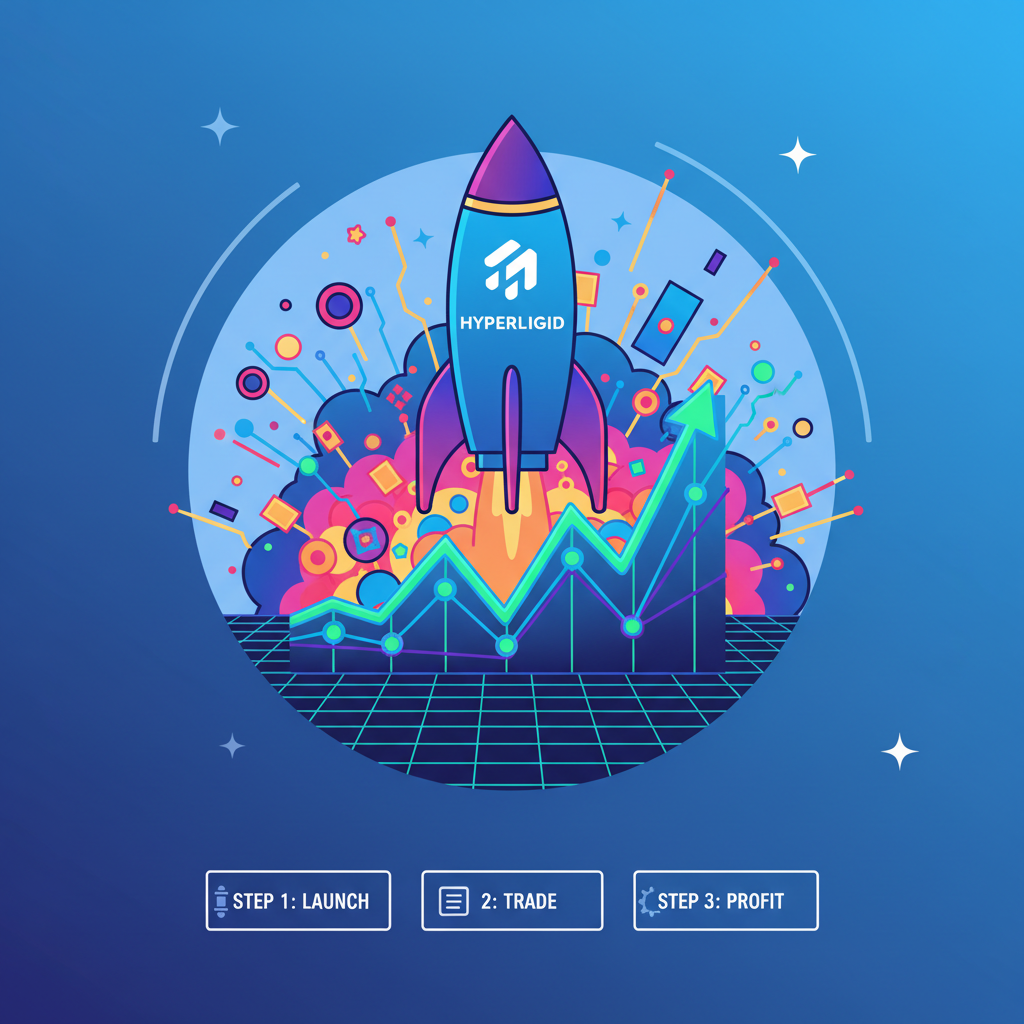 explosive launch rocket blasting off with Hyperliquid logo, trading charts surging, triumphant neon explosion