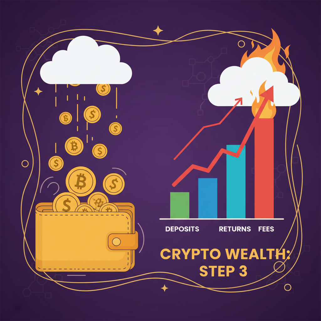 golden coins raining into wallet, fee charts skyrocketing, luxurious success scene, crypto wealth vibe