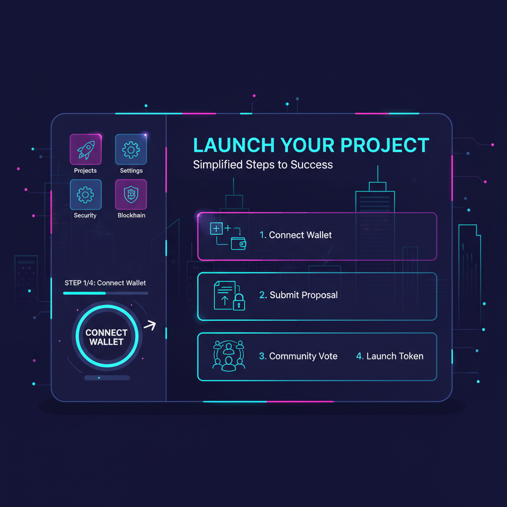 neon-lit blockchain launchpad dashboard, futuristic UI, energetic vibe