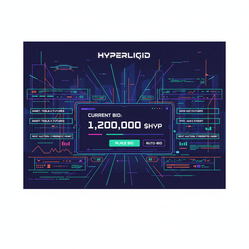futuristic auction bidding screen on Hyperliquid platform, neon tickers glowing, high stakes energy, cyberpunk style