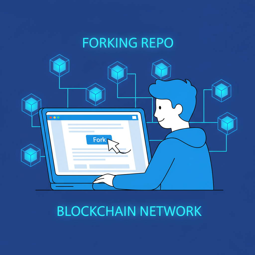 developer forking GitHub repo on laptop, blockchain nodes in background, neon blue tones