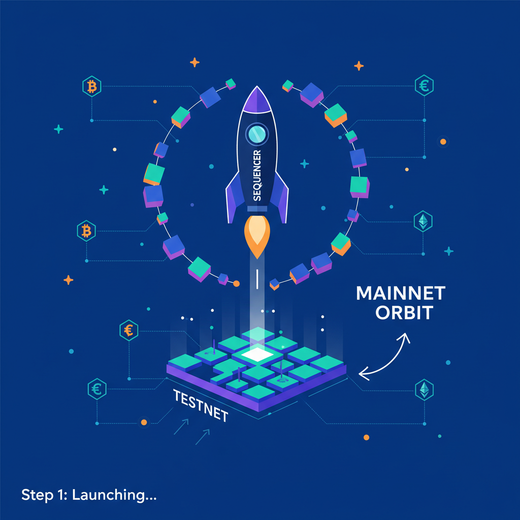sequencer rocket launching from testnet to mainnet orbit, starry blockchain sky