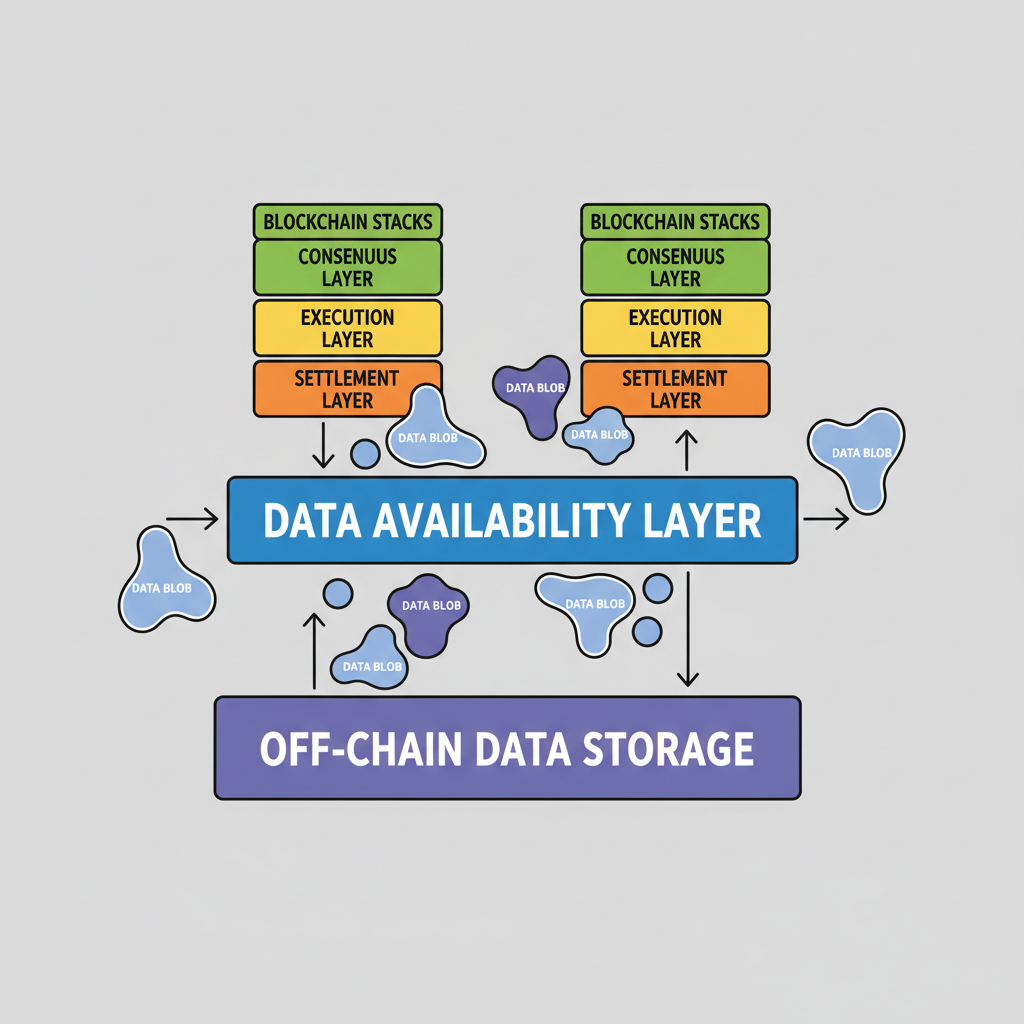 data availability layer diagram with blockchain stacks and data blobs flowing