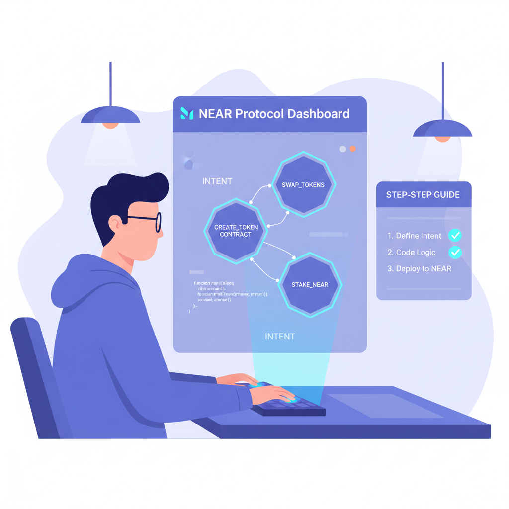 developer coding intents on holographic NEAR dashboard, sci-fi interface