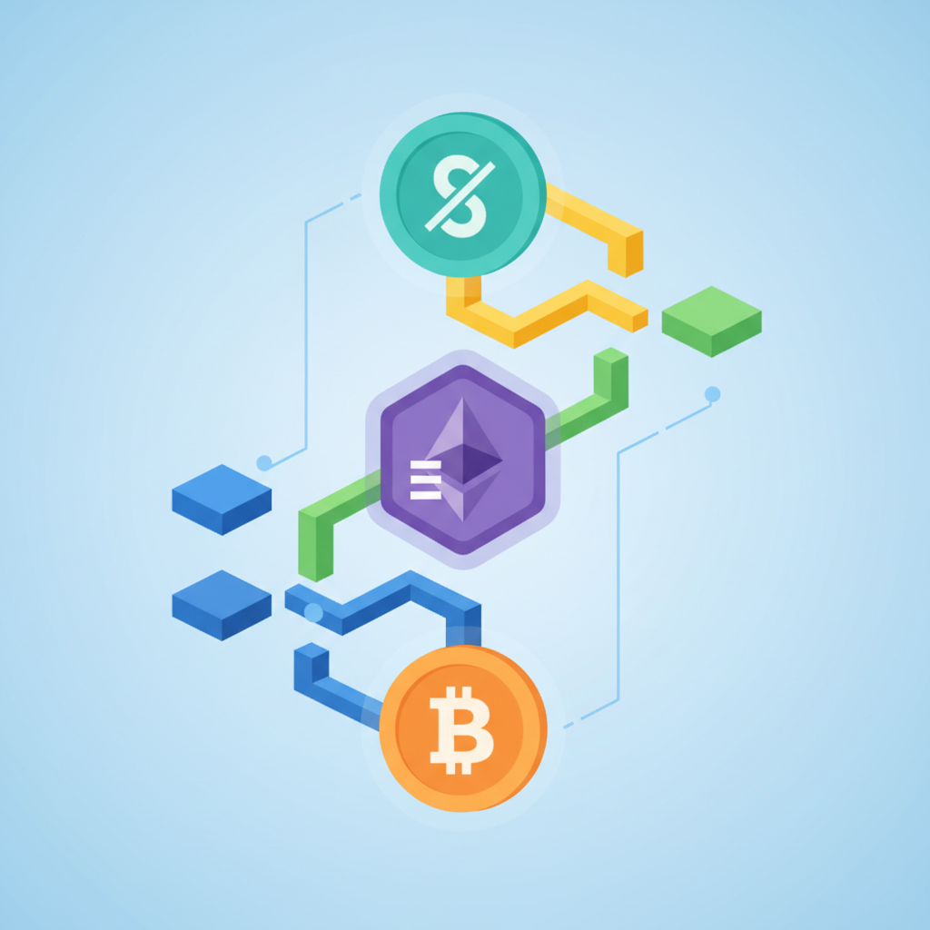 layered asset stack bridging Ethereum Bitcoin Solana icons, vibrant 3D render