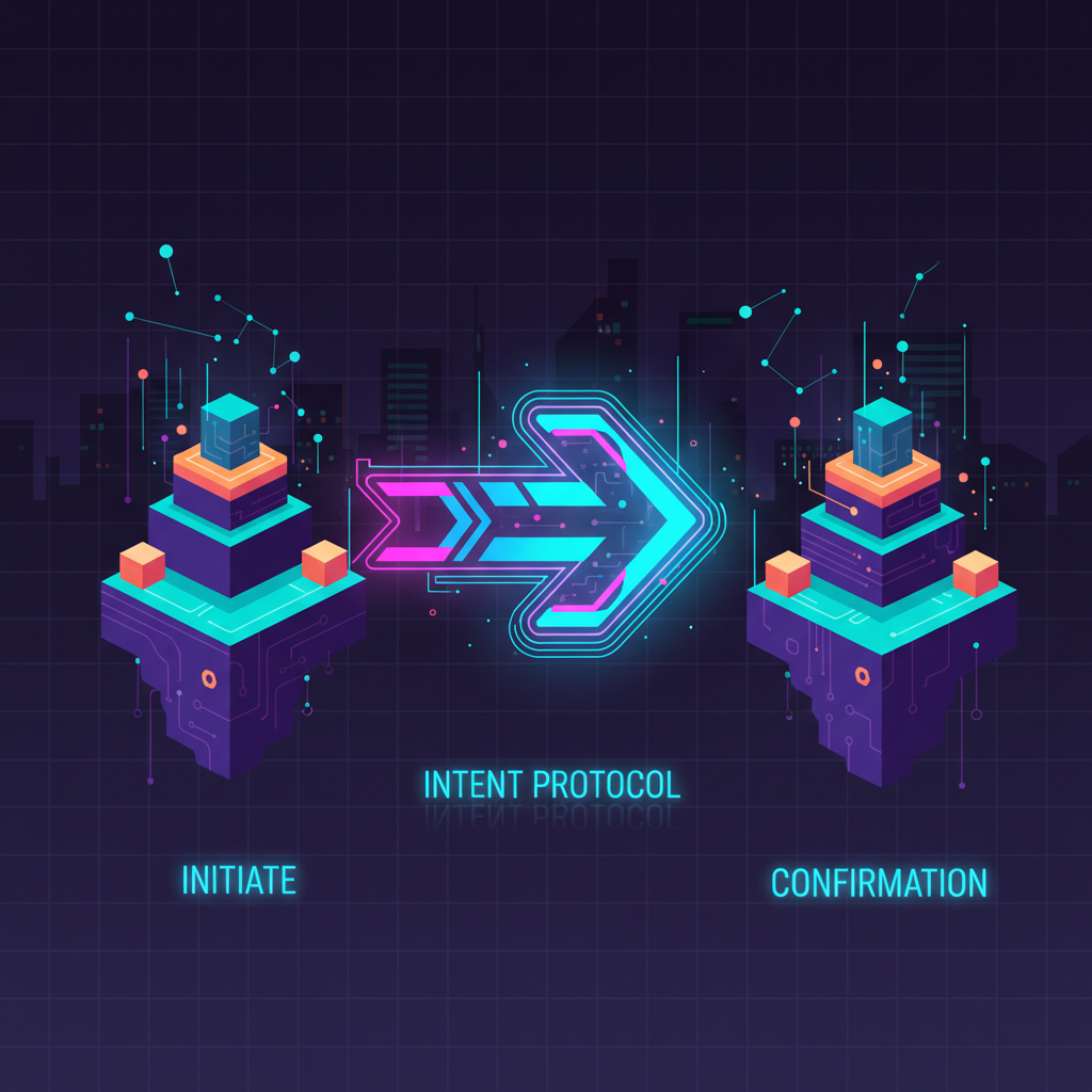 neon glowing intent arrow connecting blockchain islands, futuristic cyberpunk style