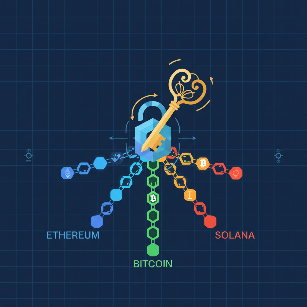 golden signature key unlocking multiple blockchain chains, high-tech digital art