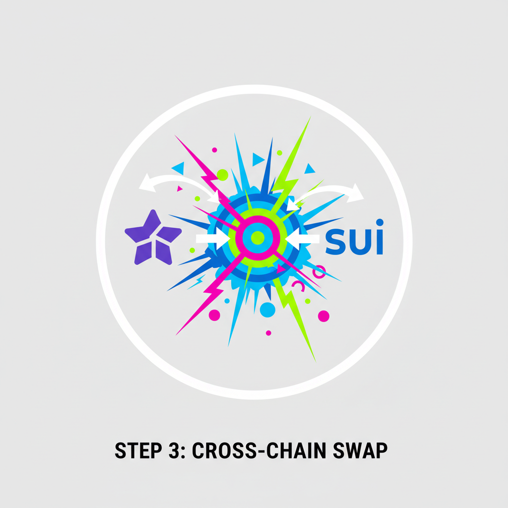 cross-chain swap explosion with Starknet Sui logos, dynamic energy burst