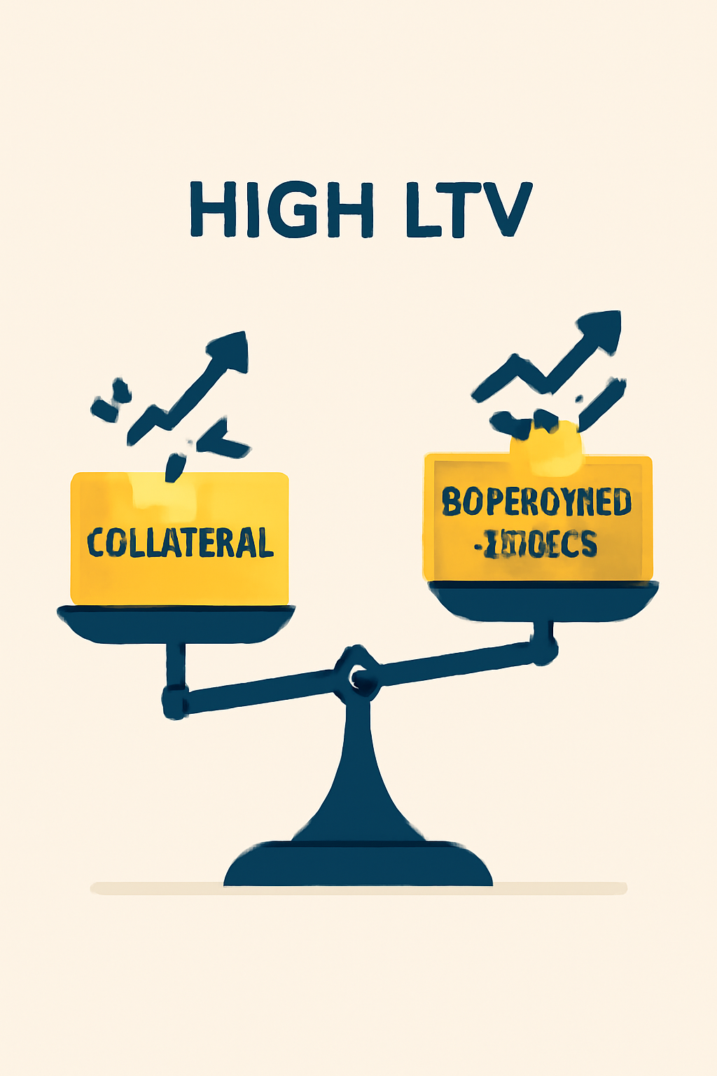 A balance scale showing high LTV, with collateral on one side and borrowed assets on the other, both earning yield.