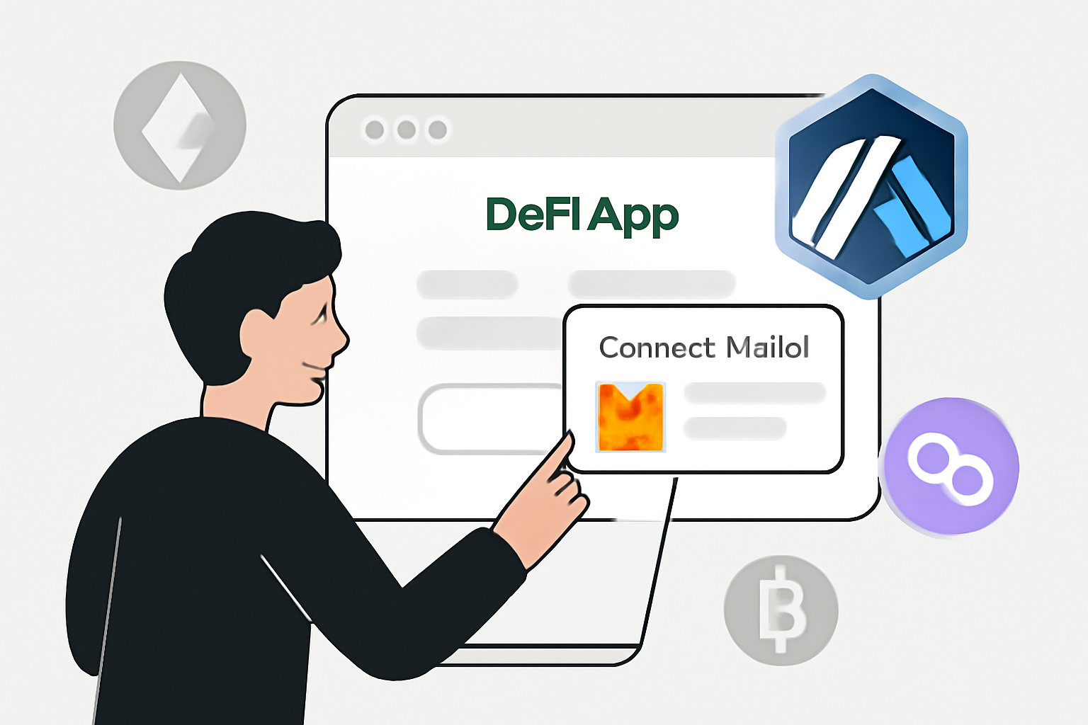 A user connecting their crypto wallet (like MetaMask) to a DeFi app interface on the Arbitrum network, with a clean UI and blockchain icons.