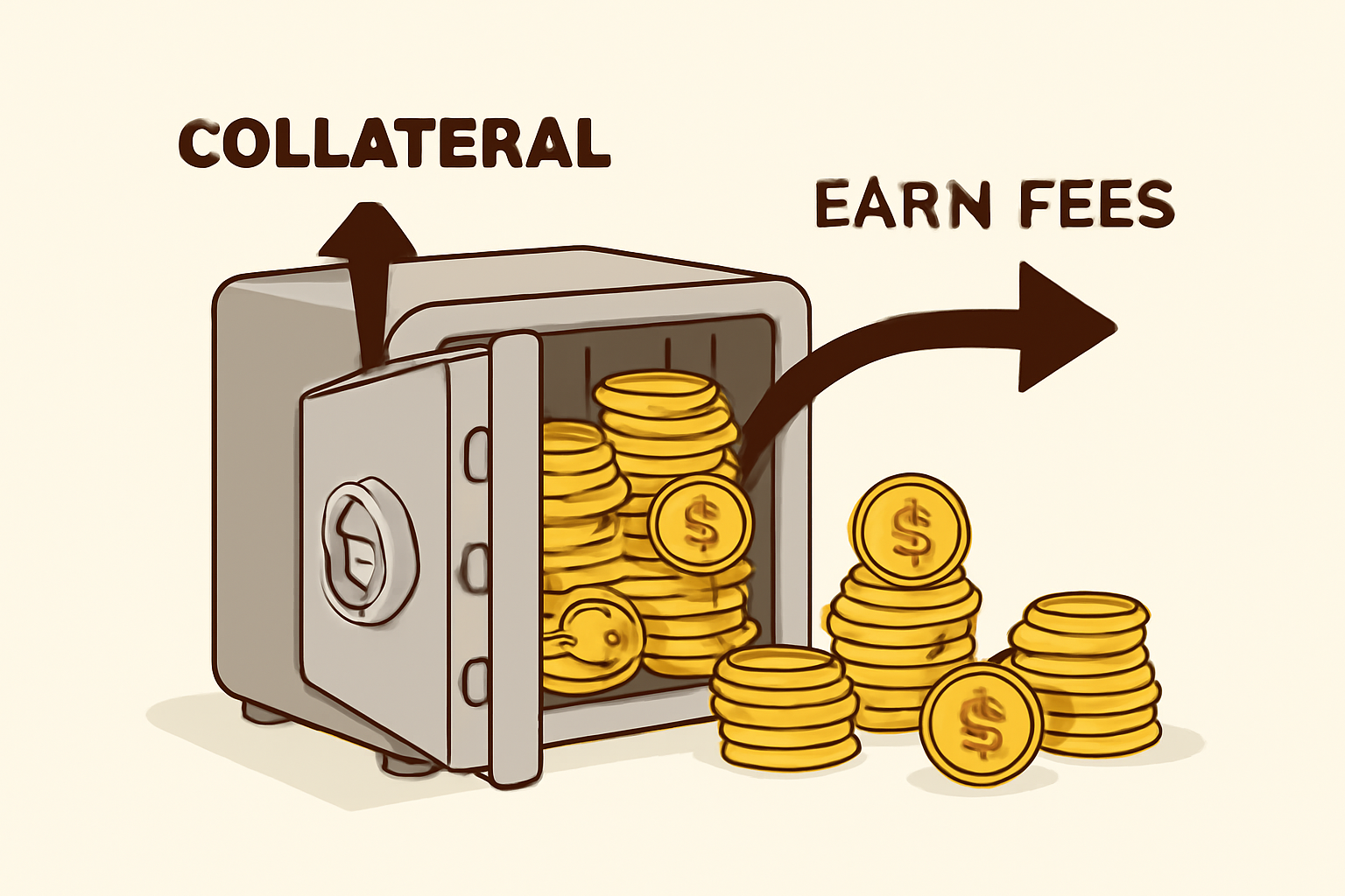 A digital vault filling up with coins and tokens, with arrows showing the assets being used for both collateral and earning fees.