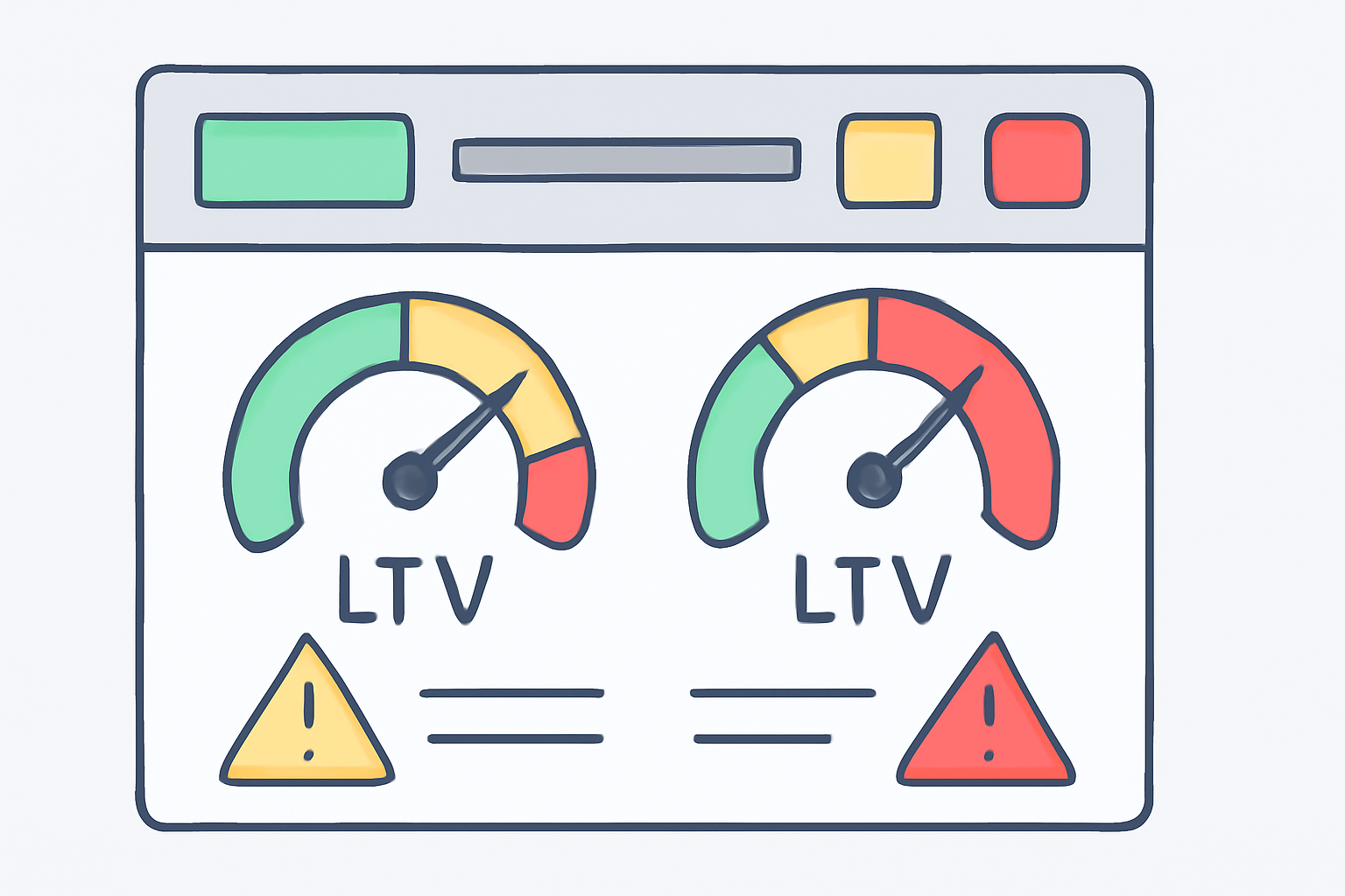 A dashboard-style interface with LTV gauges and warning indicators, showing safe and risky zones.
