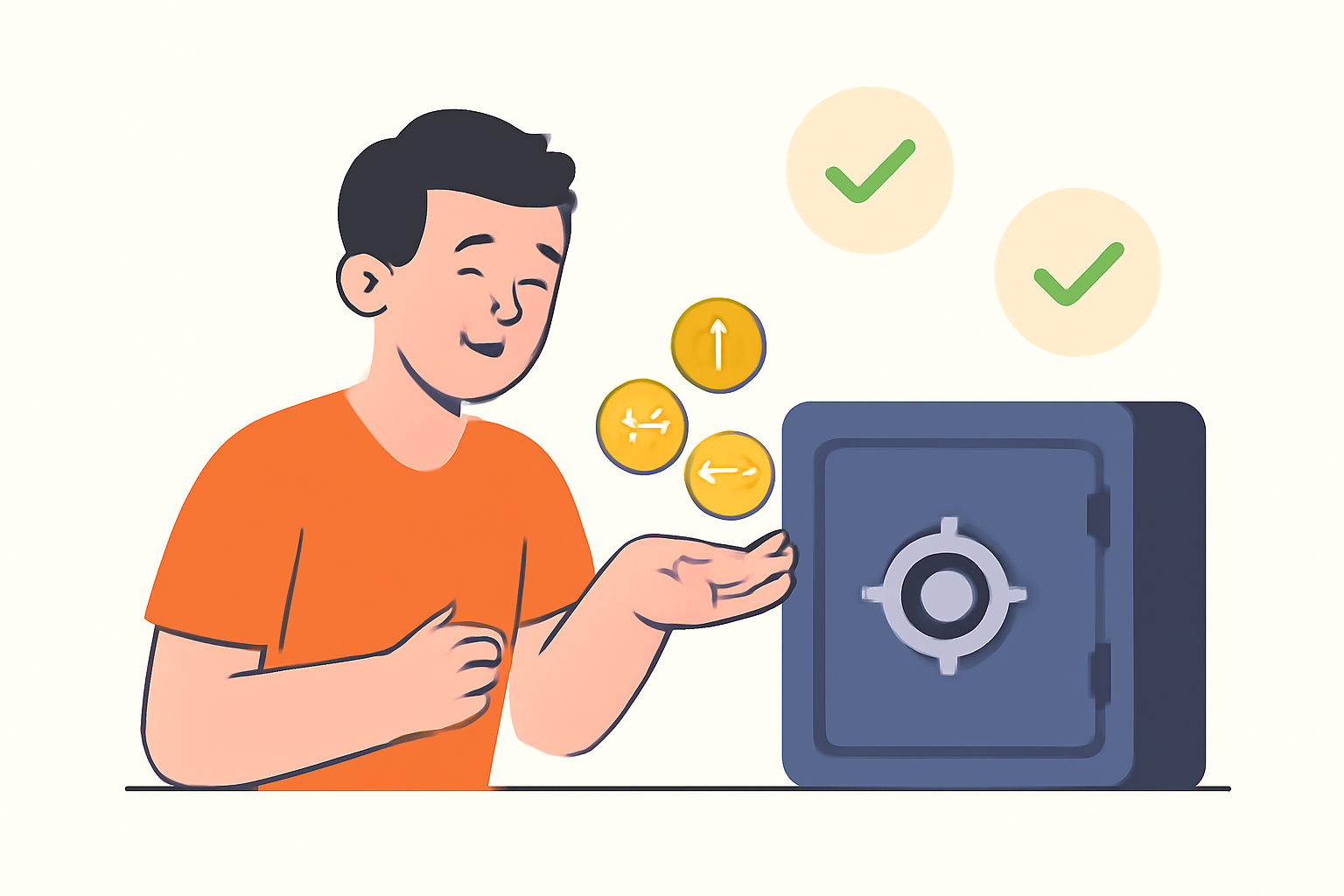A user happily withdrawing tokens from a digital vault, with check marks indicating successful transactions.