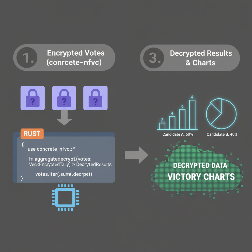 rust code aggregating decrypting FHE vote tallies with concrete-nfvc, victory charts emerging from encrypted data