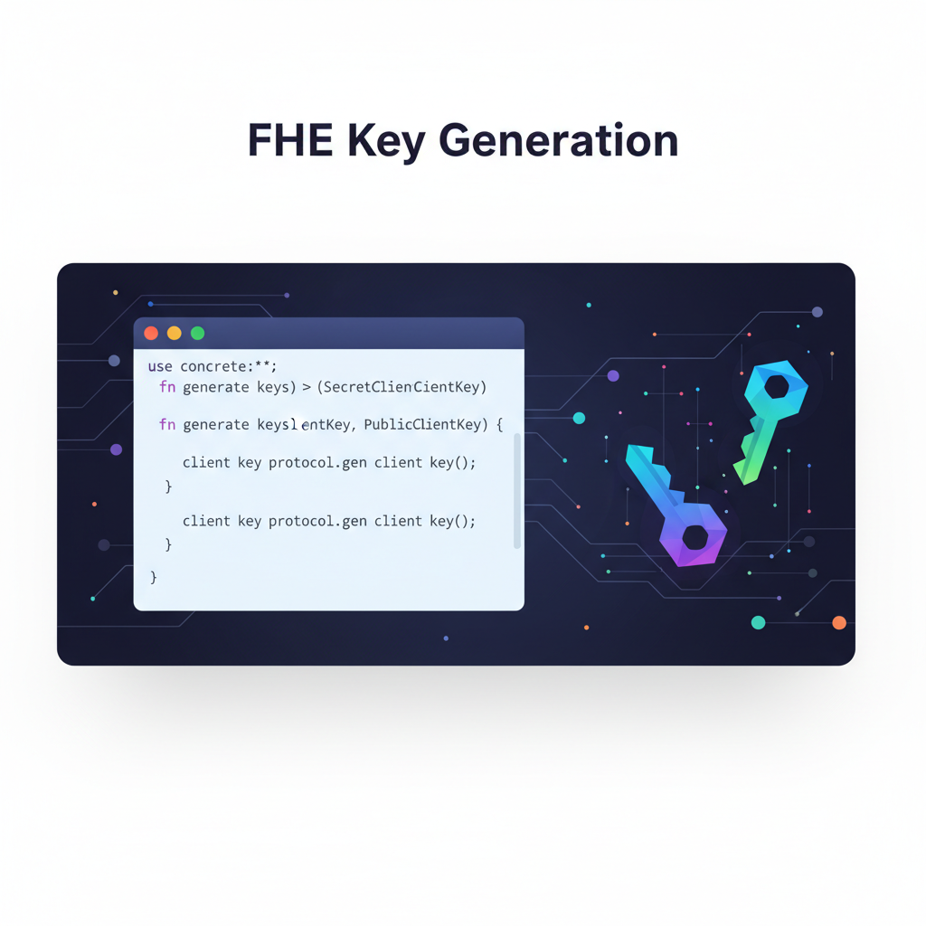 rust code generating FHE keys with concrete library, ethereal key icons floating in cyber space
