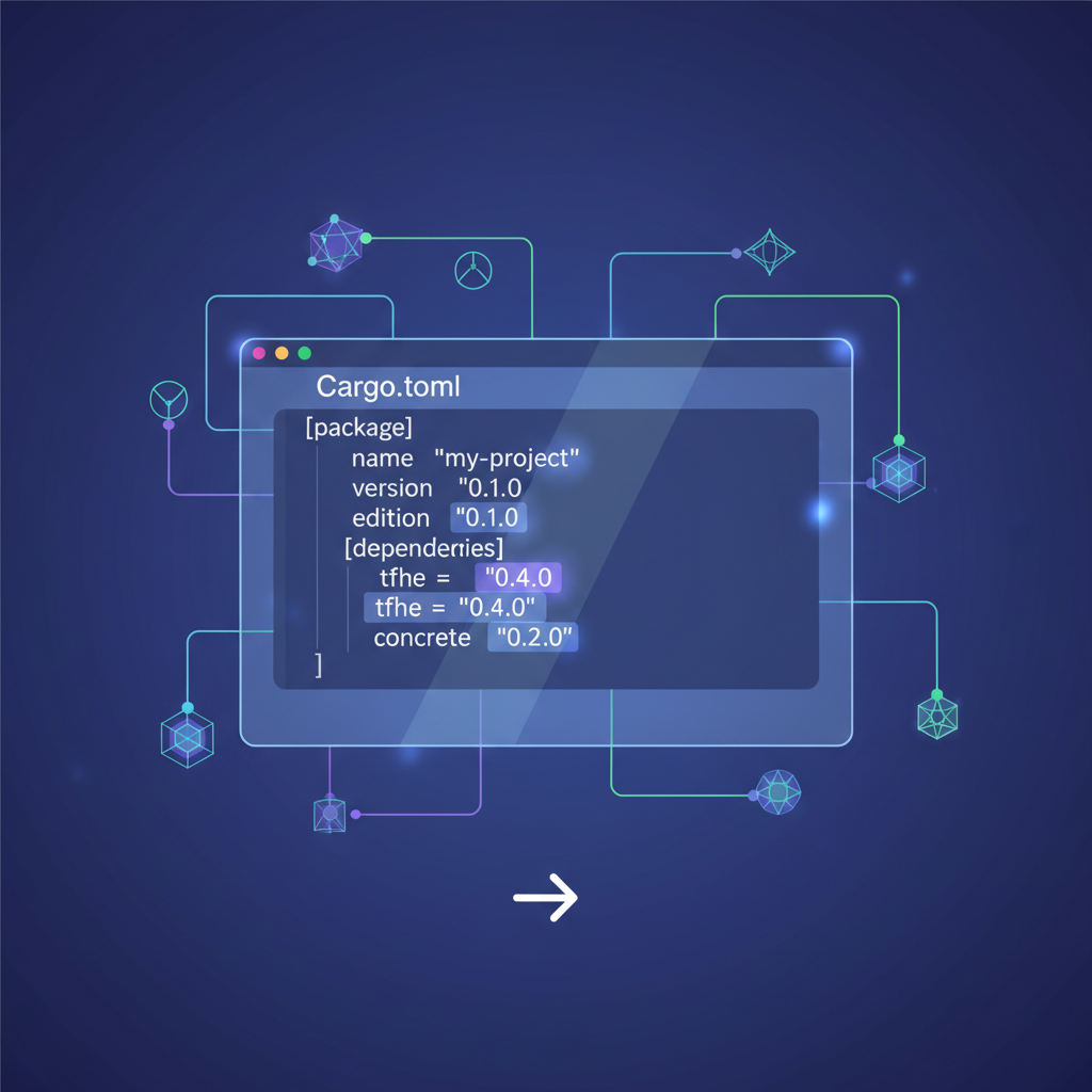 rust cargo.toml file installing tfhe-rs and concrete crates, glowing holographic blockchain nodes