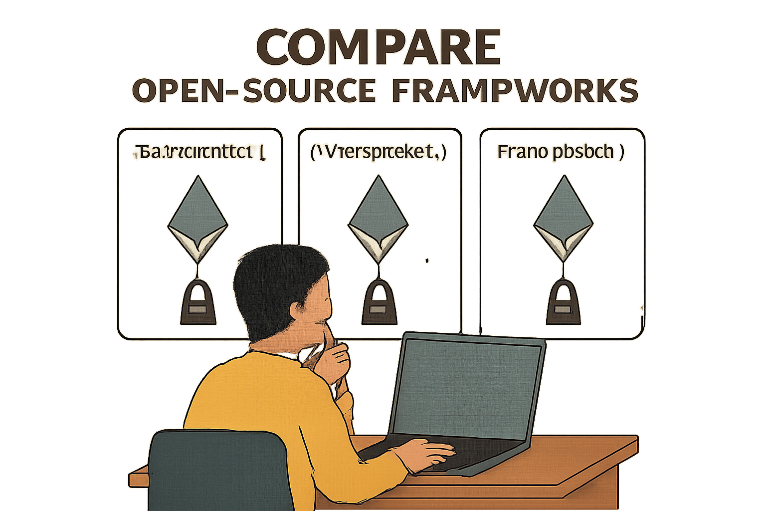 A developer comparing three open-source frameworks with Ethereum logos and encrypted lock symbols