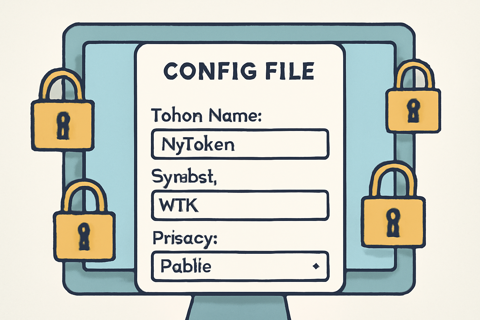 A configuration file on a screen, with editable fields for token name, symbol, and privacy settings, surrounded by digital locks