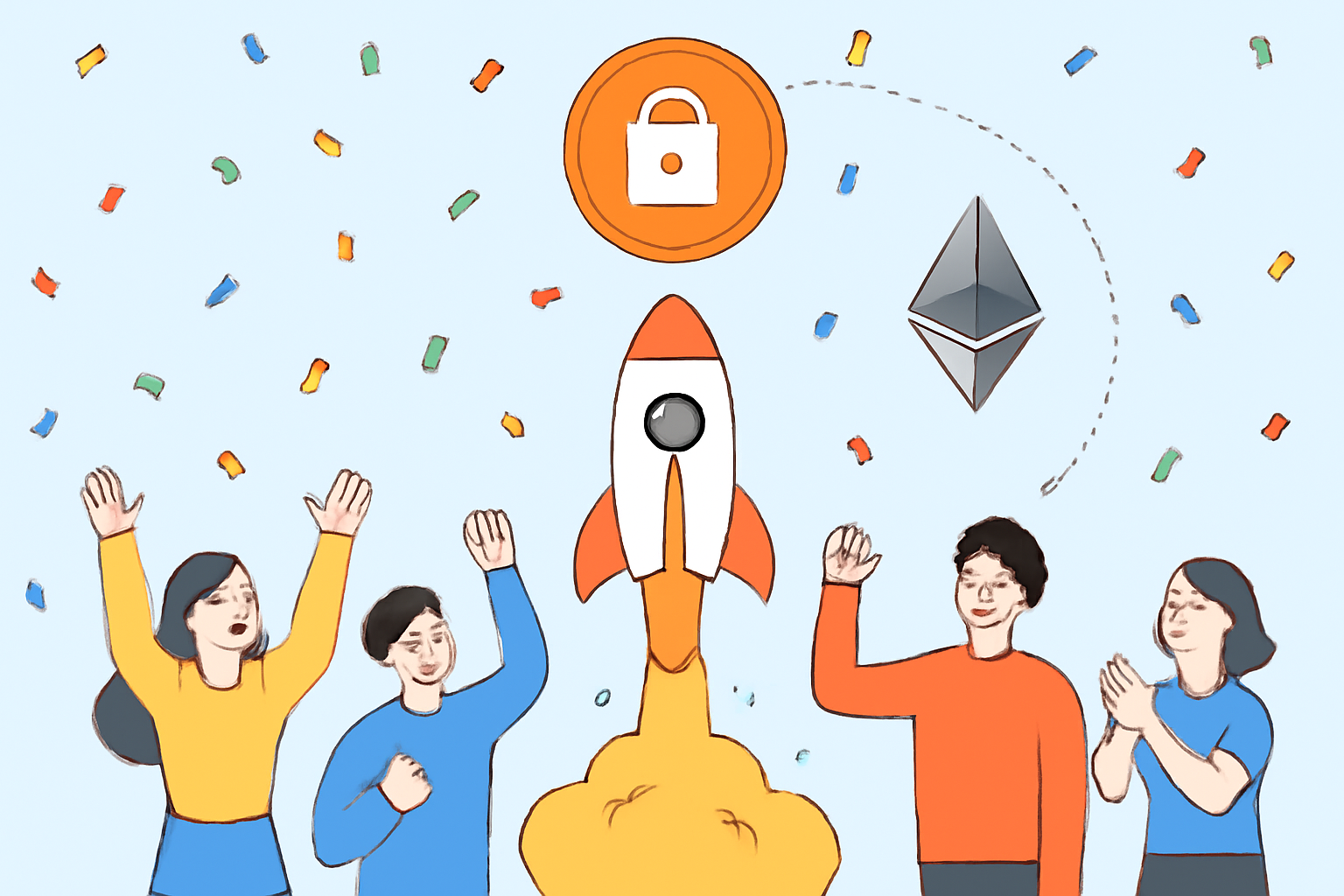 A celebratory scene with a rocket launching a confidential token onto the Ethereum mainnet, confetti and users cheering