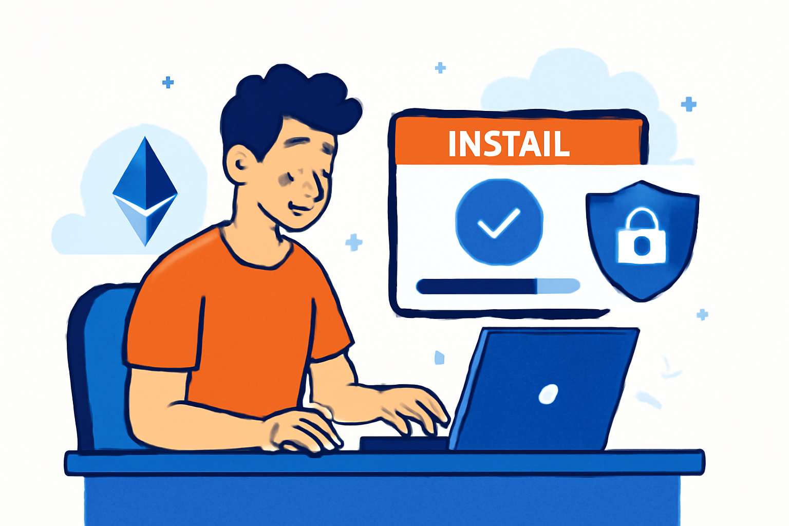 A developer at a computer, installing software, with Ethereum and privacy shield icons on the screen, energetic style