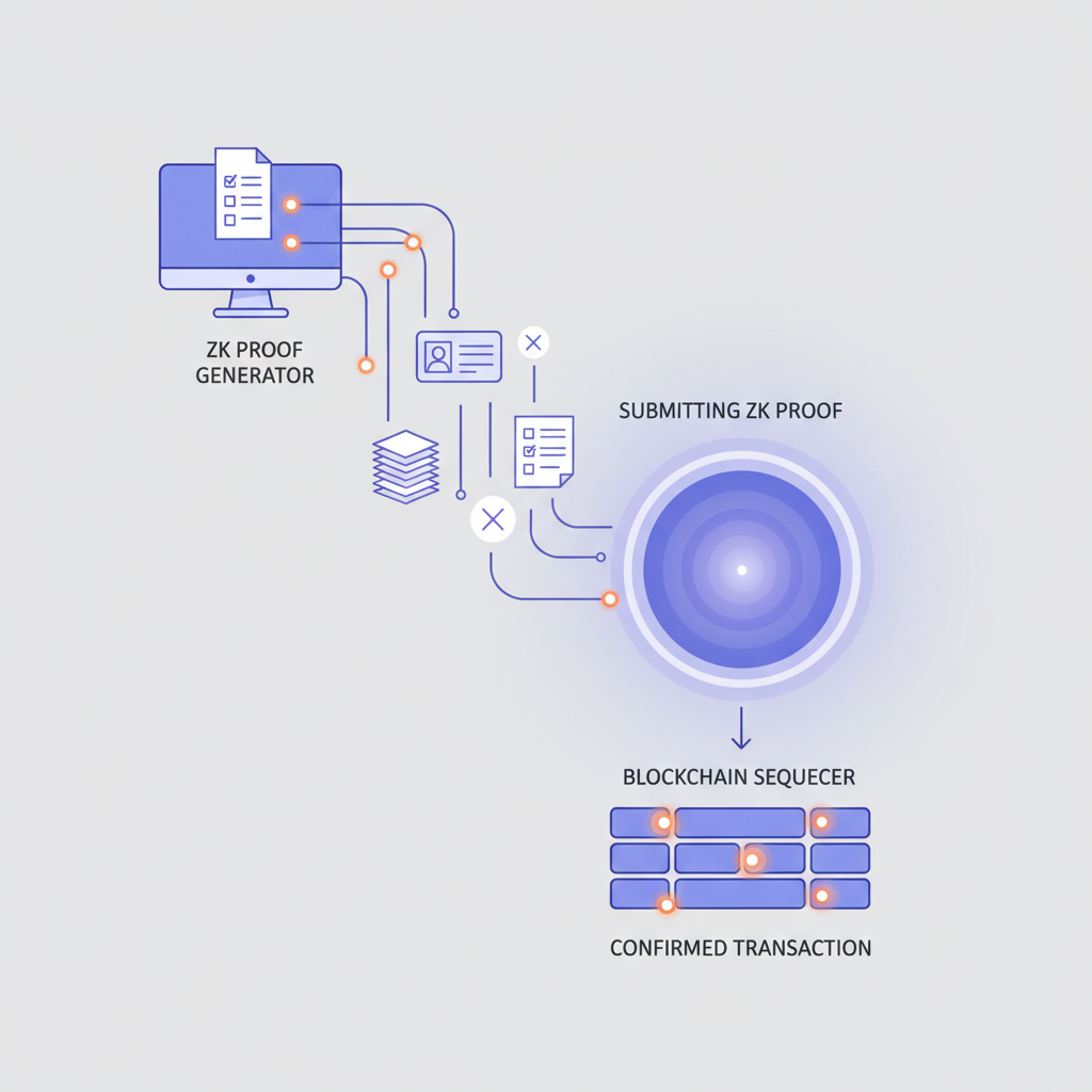 submitting ZK proof to blockchain sequencer, data stream entering glowing portal, election ballot elements