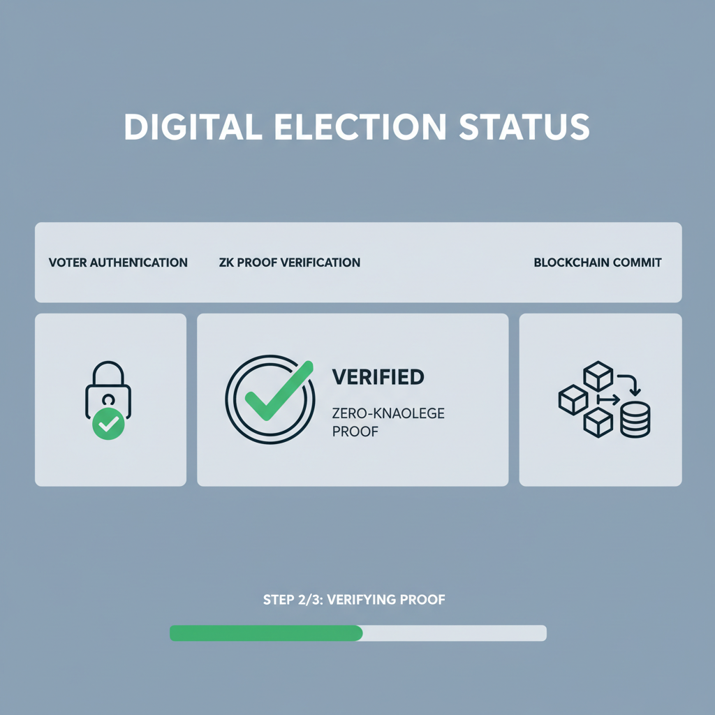 querying blockchain status dashboard, checkmark on verified ZK proof, digital election interface