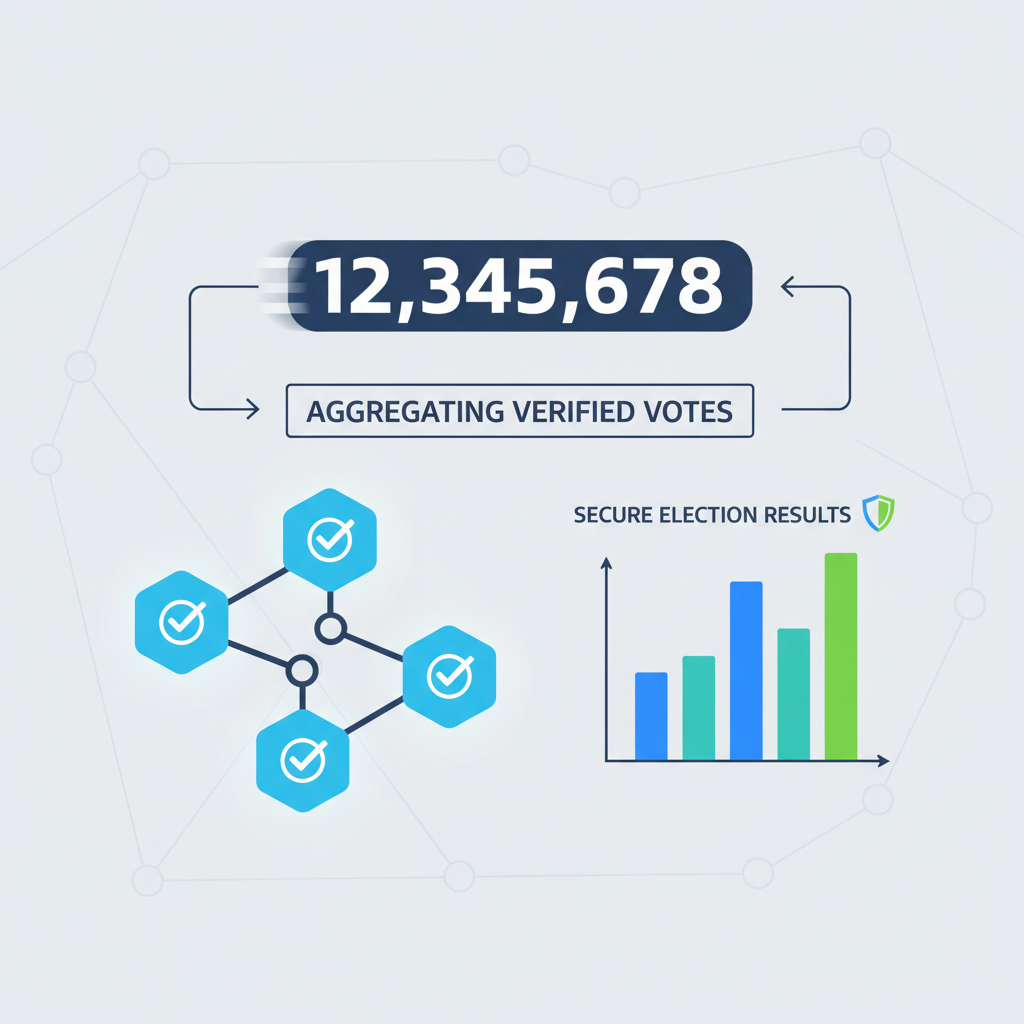 aggregating verified votes on blockchain, tally counter rising, secure election results graph