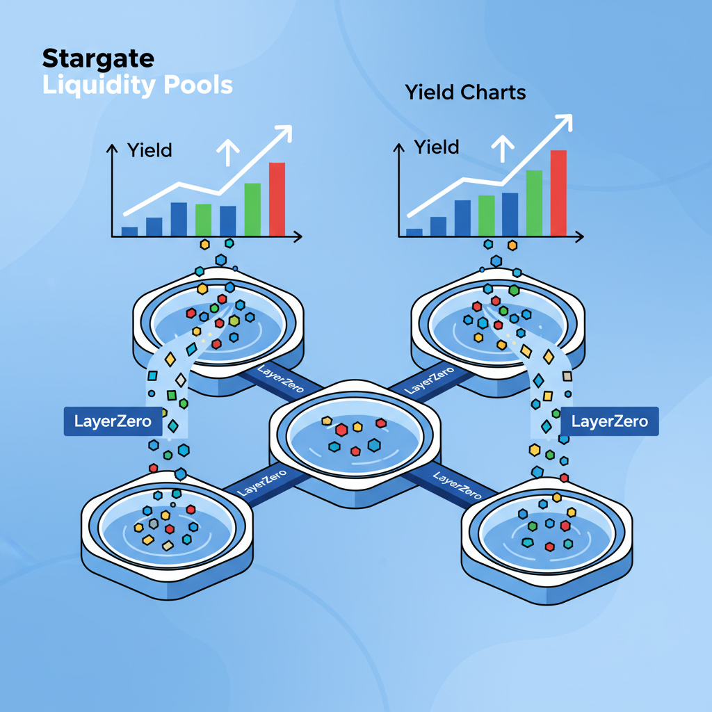 Stargate liquidity pools filling with tokens, LayerZero branding, yield charts rising steadily