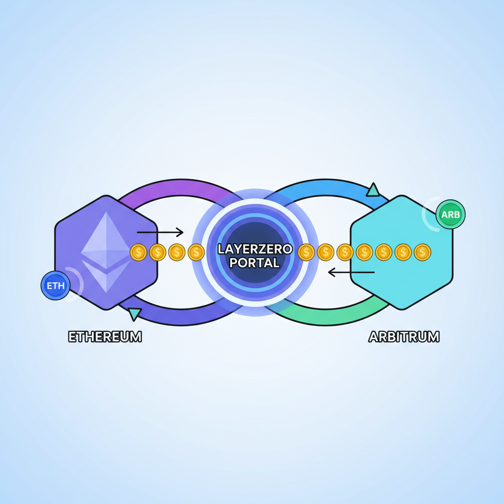 cross-chain bridge visualization, tokens moving between Ethereum and Arbitrum via LayerZero portal, glowing bridges