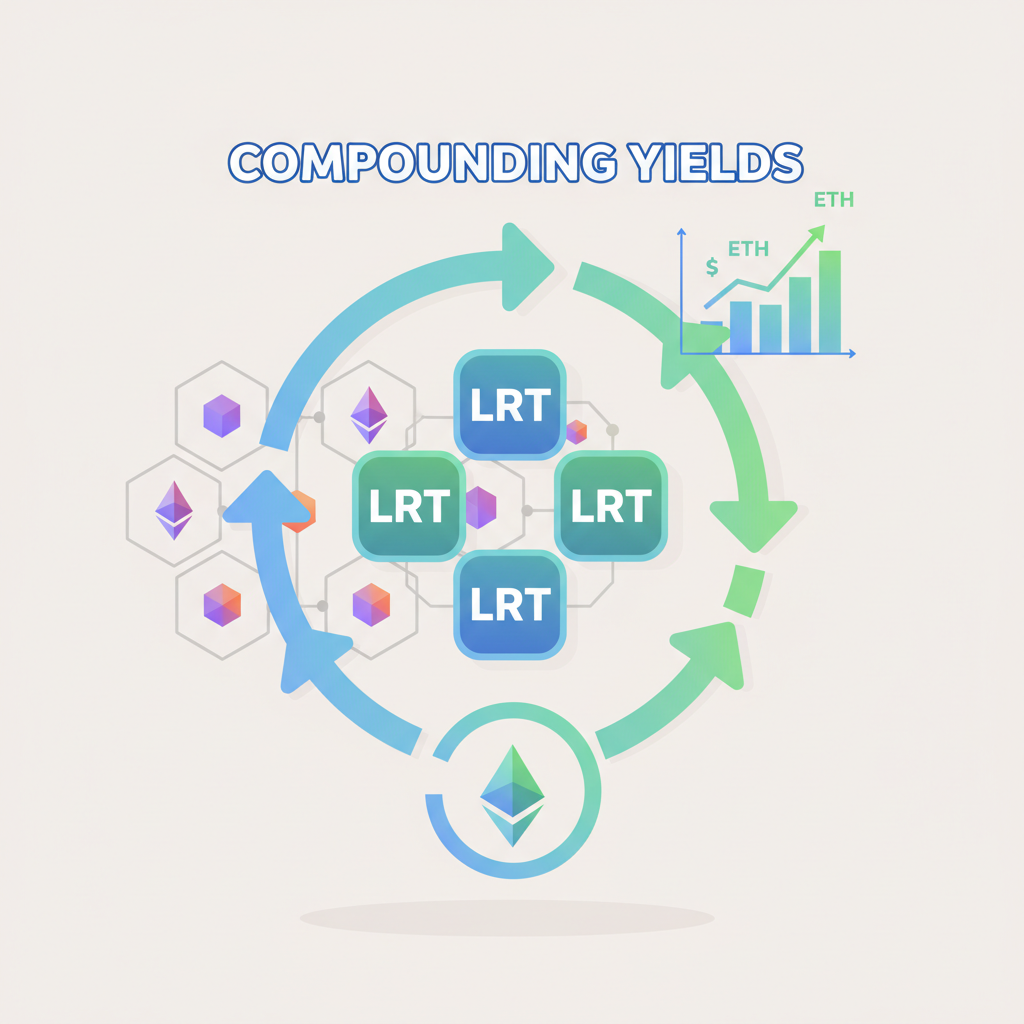 LRT tokens compounding yields, looping arrows on blockchain, growth charts with Ethereum elements