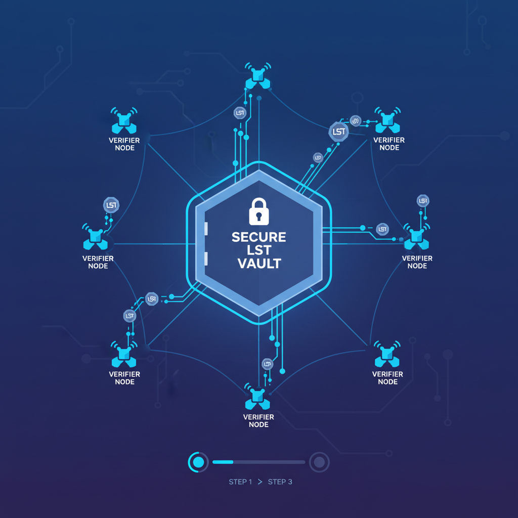 decentralized verifier network nodes, LST tokens depositing into secure vaults, futuristic network graph