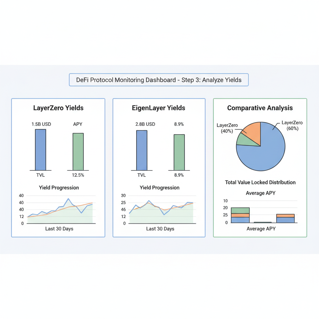 dashboard monitoring yields, charts of TVL and APY for LayerZero and EigenLayer, analytical interface