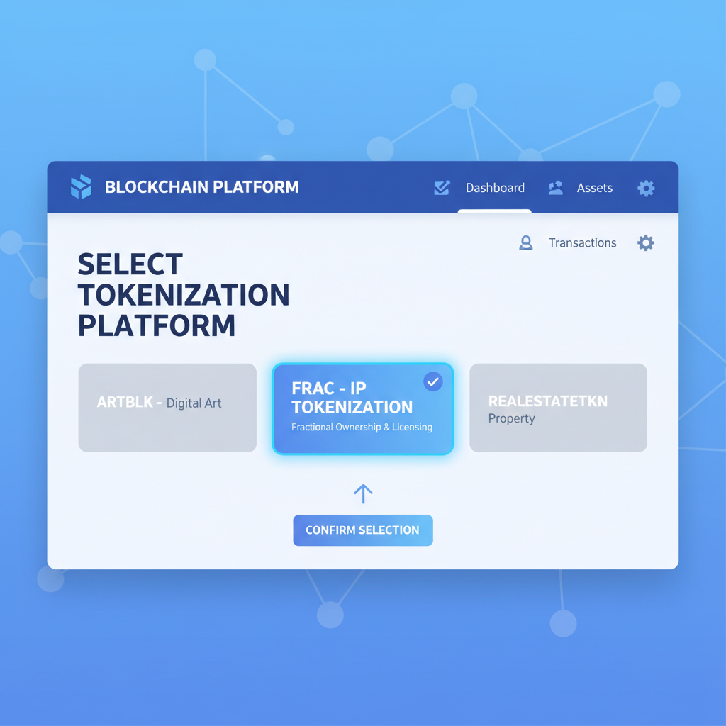 sleek blockchain dashboard selecting IP tokenization platform Frac
