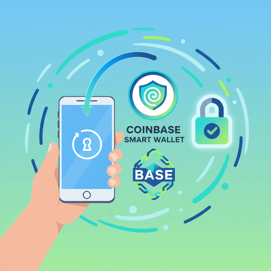 cartoon illustration of smartphone creating coinbase smart wallet with passkey icon, base chain logo, secure lock, vibrant blues and greens --ar 16:9