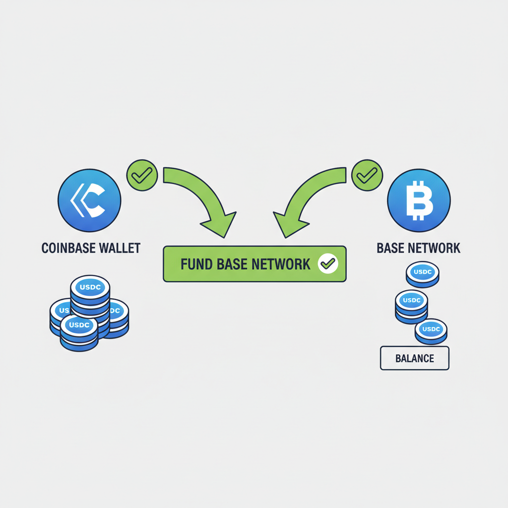 illustration of coinbase app funding wallet with USDC icons flowing to base network, simple arrows, reassuring green checkmarks --ar 16:9