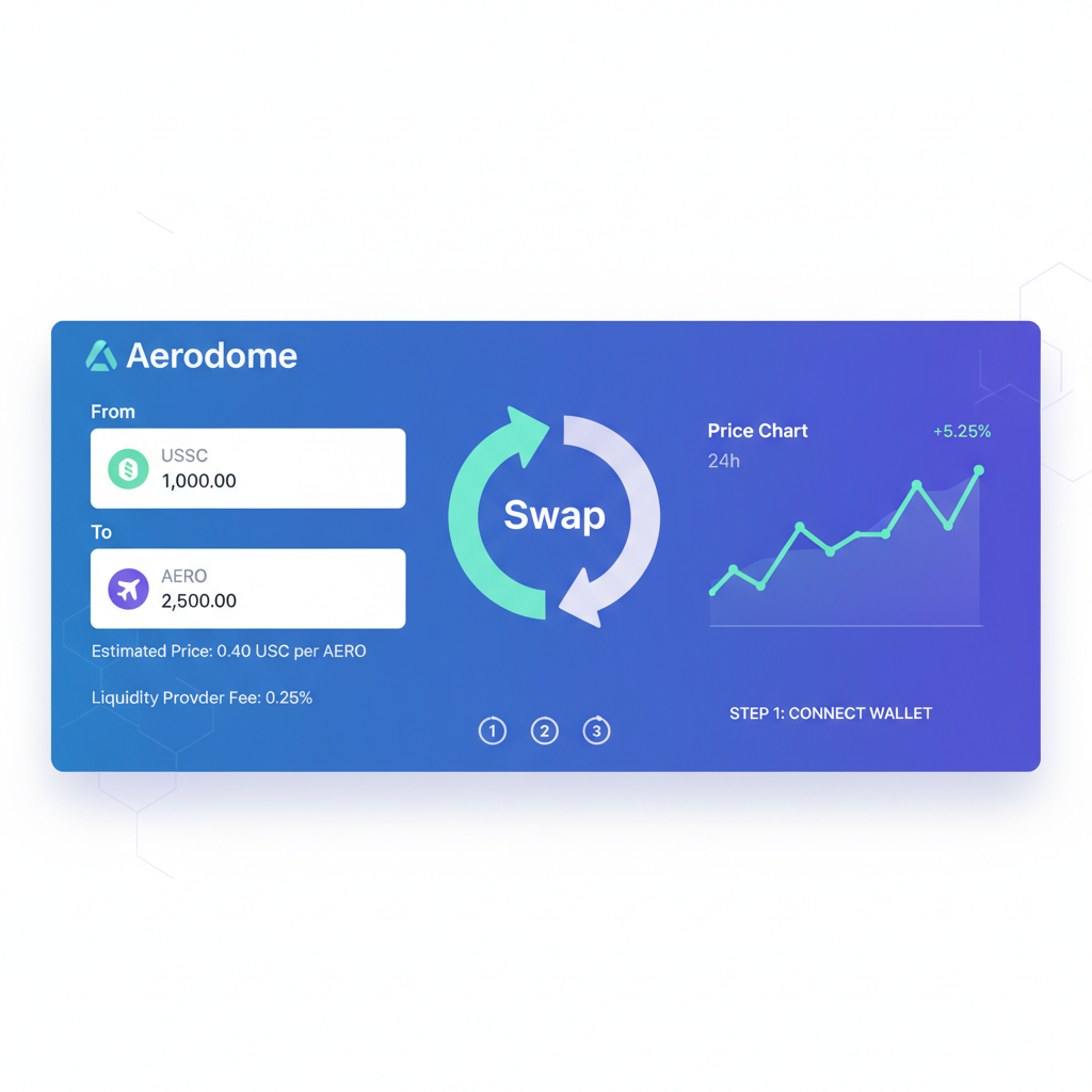 aerodrome swap interface with USDC to token exchange, animated swap arrows, price chart snippet, professional defi style --ar 16:9