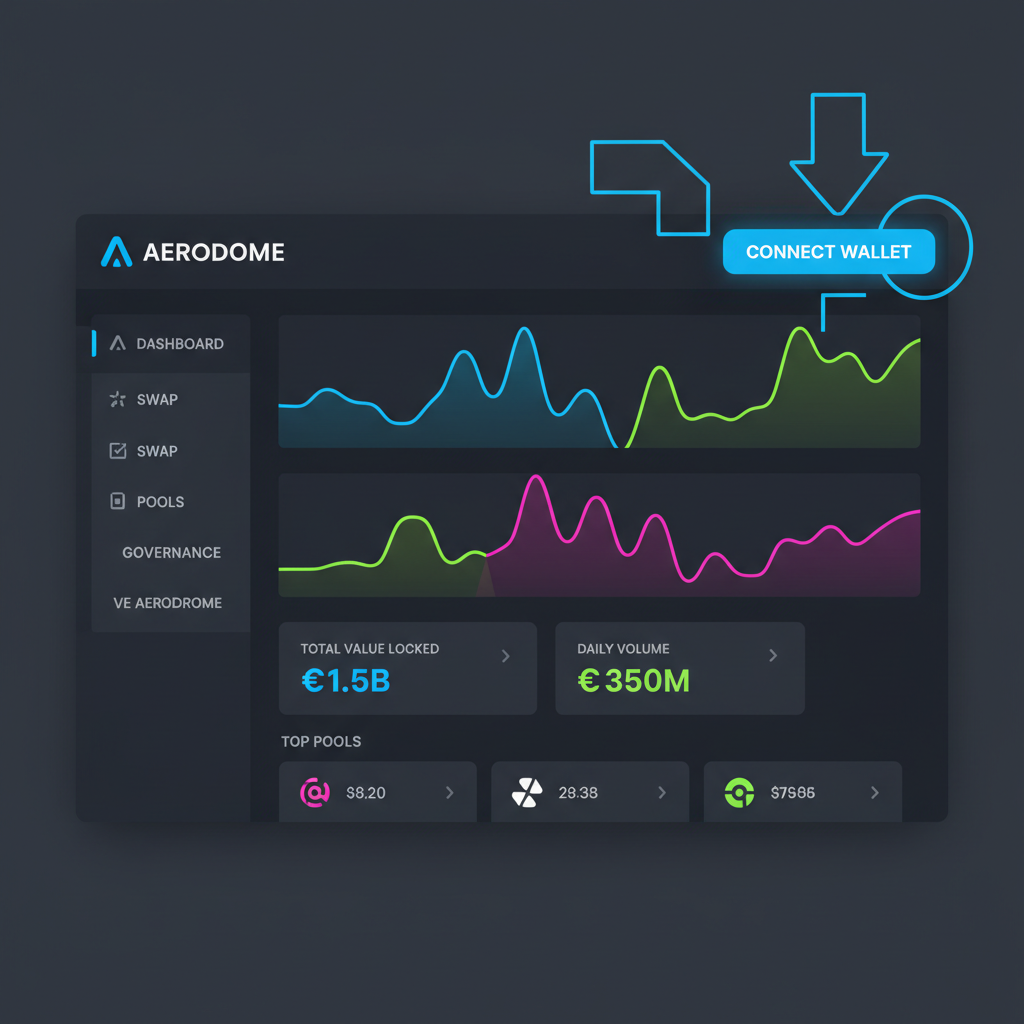 Aerodrome Finance website dashboard with wallet connect button, vibrant DeFi charts, dark mode