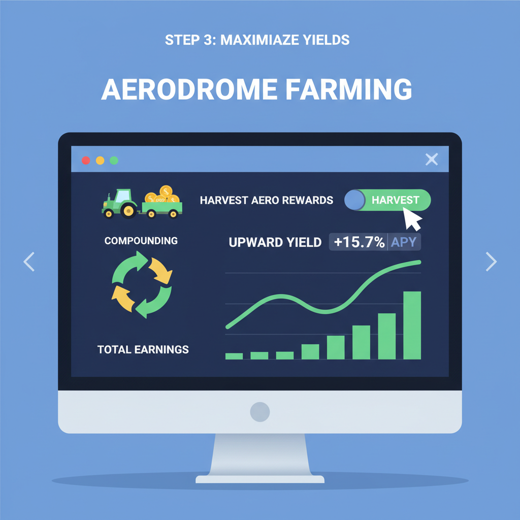 Aerodrome farm dashboard harvesting AERO rewards, compounding arrows, upward yield charts