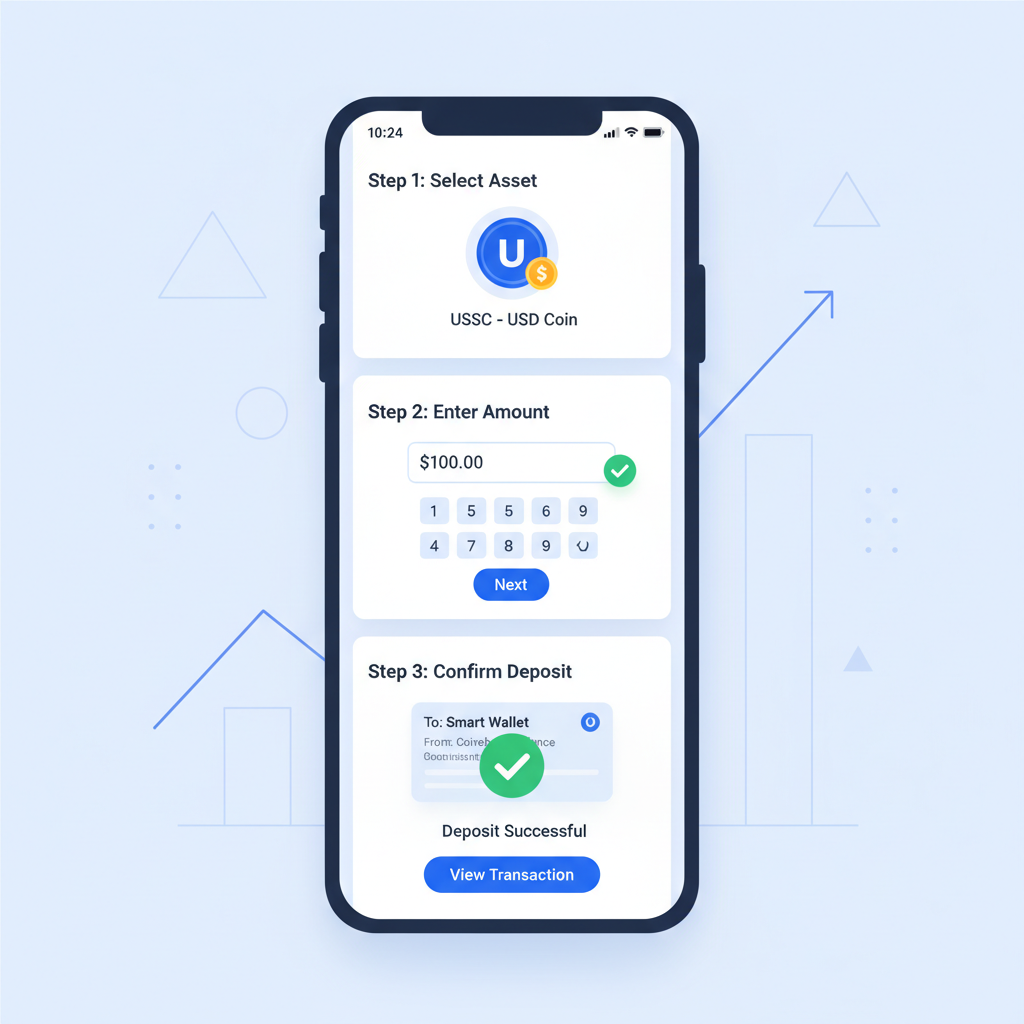 Coinbase app interface depositing USDC to Smart Wallet, green checkmarks, simple financial graphics