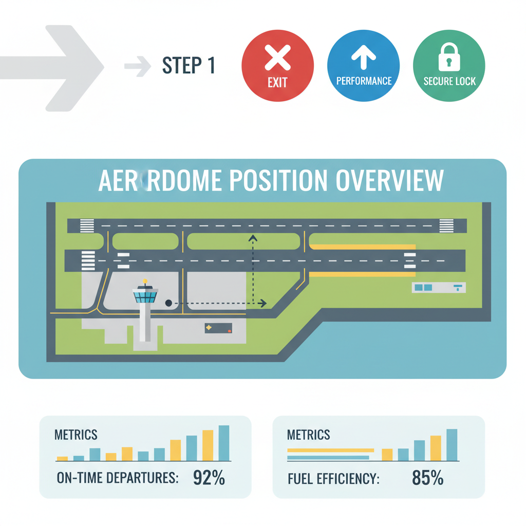 Aerodrome position overview with exit buttons, performance metrics, secure lock icon