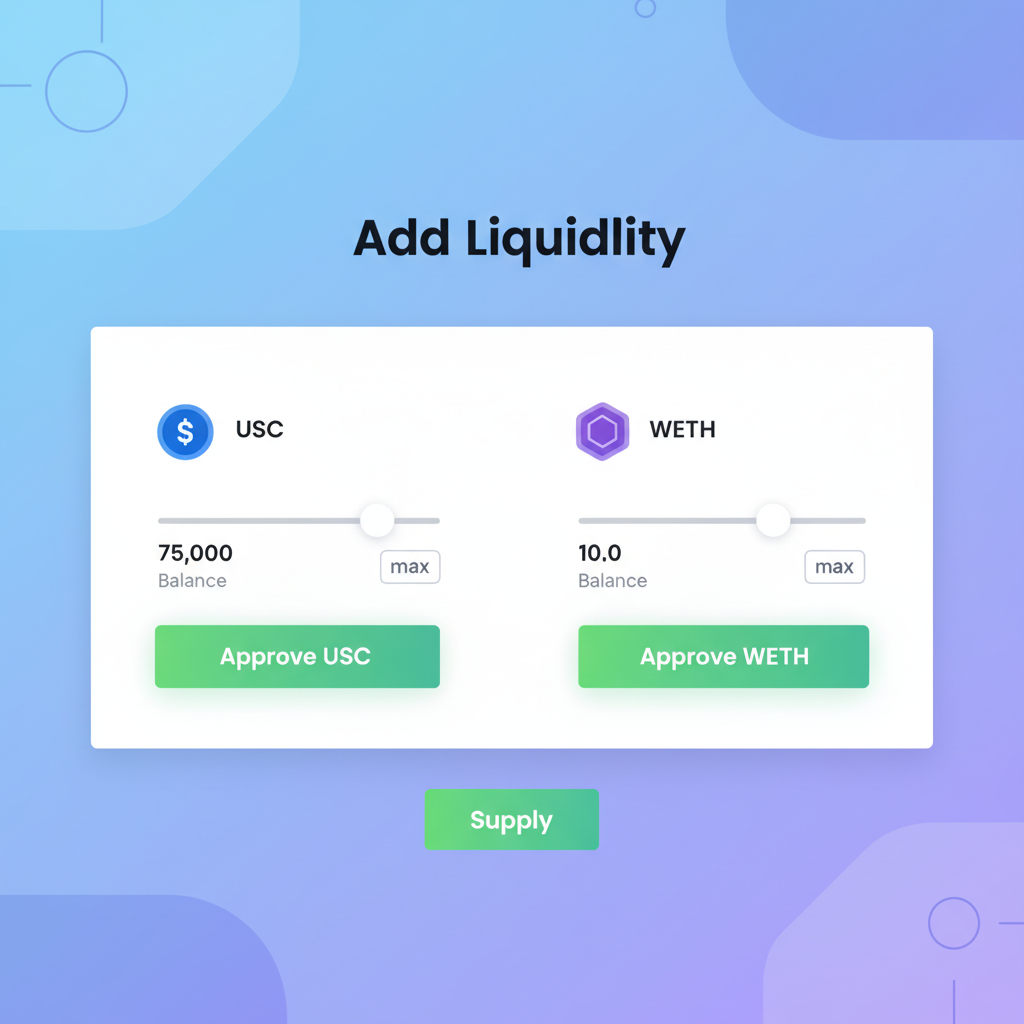Aerodrome liquidity pool interface adding USDC and WETH, balance sliders, green approve buttons