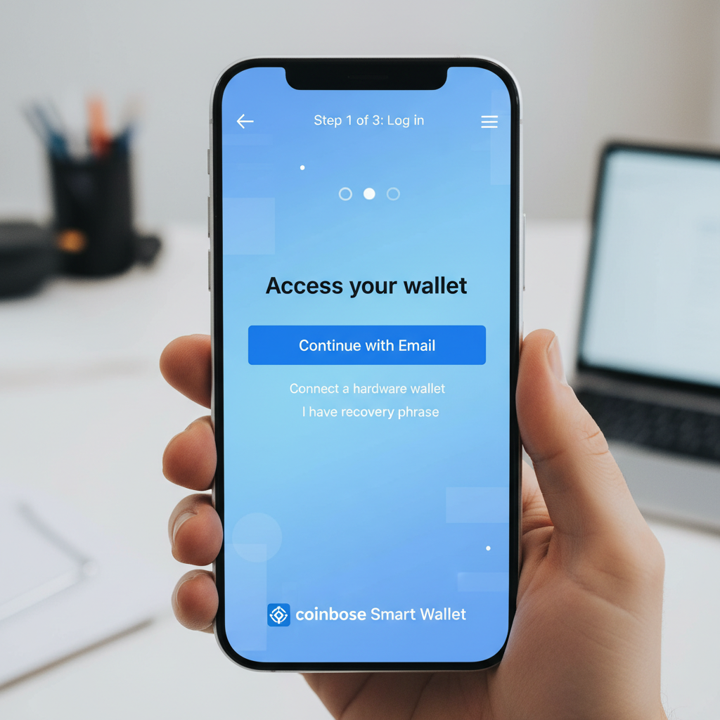 smartphone screen showing Coinbase Smart Wallet setup with email login, modern blue UI, clean futuristic design