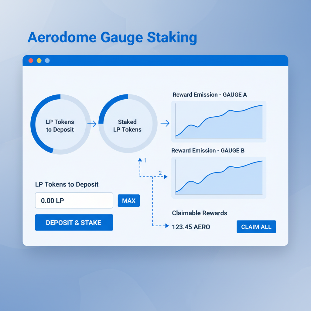 Aerodrome gauge staking screen with LP tokens deposit, reward emission graphs, blue accents