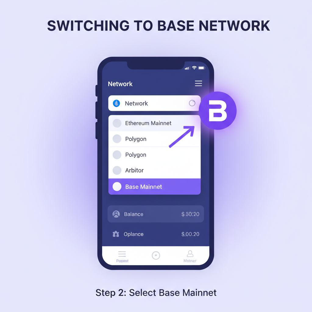 mobile wallet app switching to Base chain network, purple Base logo glowing, network selector UI