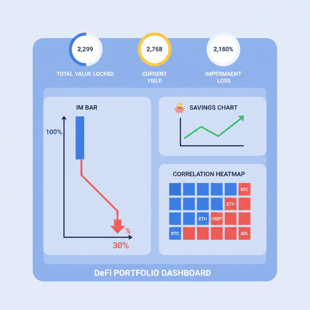 DeFi portfolio metrics dashboard, IM bar dropping 100% to 30%, green savings chart, correlation heatmap