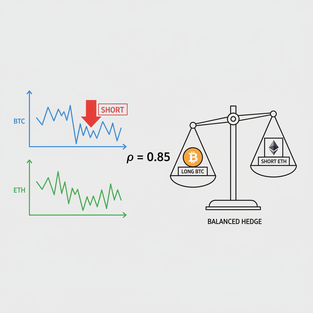 BTC-ETH correlation graph rho 0.85, red short arrow on BTC chart, balanced hedge visualization