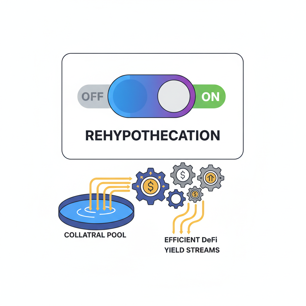 toggle switch flipping to rehypothecation ON, yield streams flowing from collateral pool, efficient DeFi gears